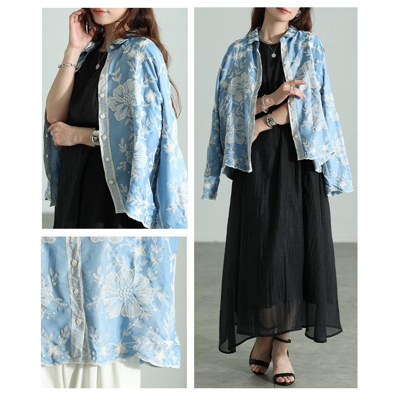 SOBRE ネイビー 花柄刺繍 ジップアップドレス Sawa a la mode（サワアラモード） レディース トップス ブラウス