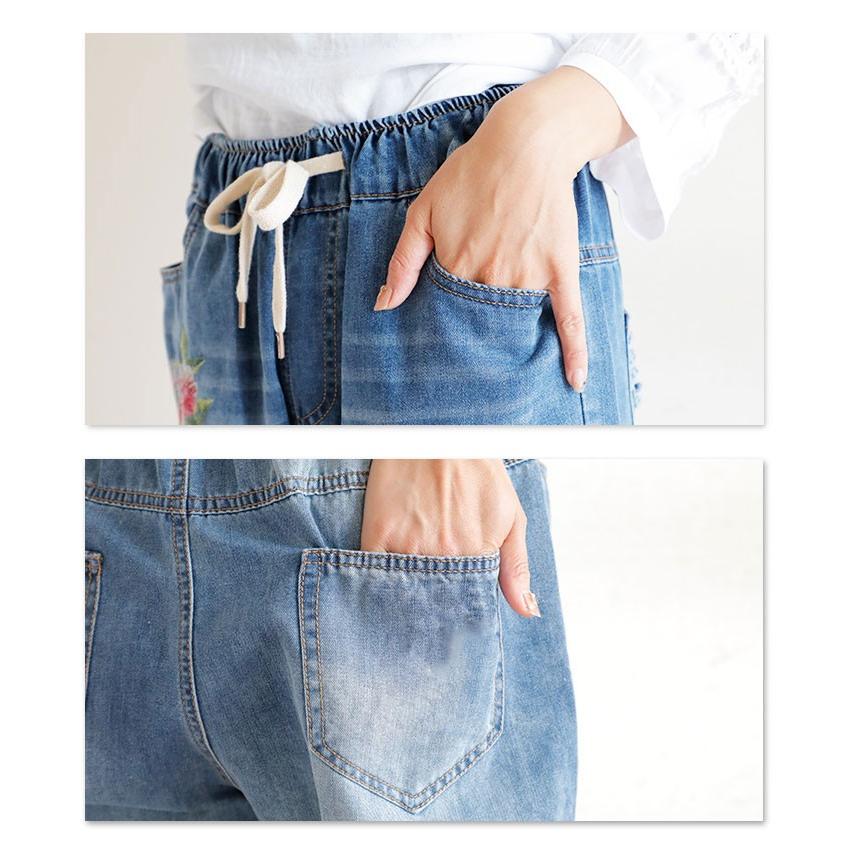 Sawa a la mode パンツ 青系 クロップド丈 花柄 刺繍 デニム
