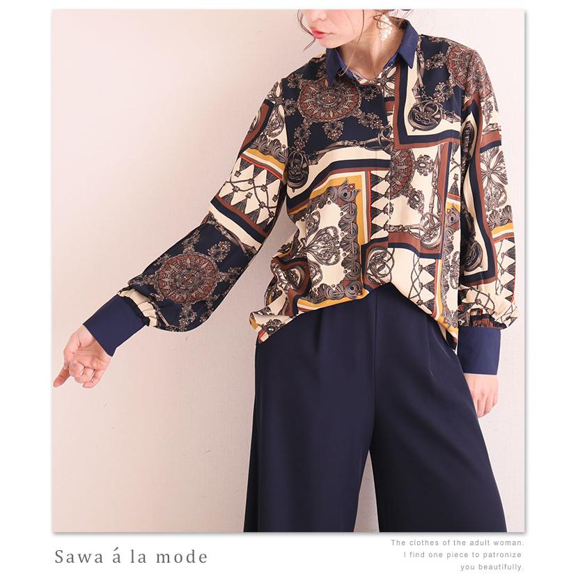 Sawa a la mode トップス ネイビー スカーフ柄 シャツ 長袖春 夏 秋 冬 