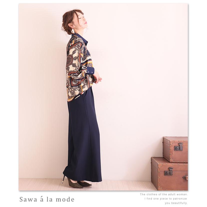 Sawa a la mode トップス ネイビー スカーフ柄 シャツ 長袖春 夏 Sawa a la mode トップス ネイビー スカーフ柄 シャツ 長袖春 夏