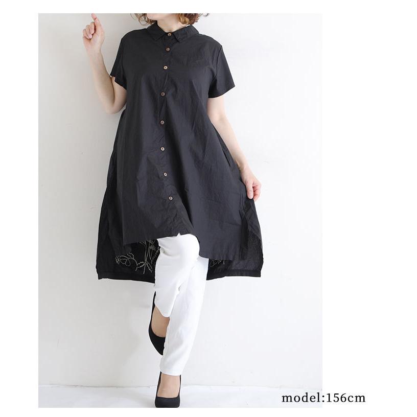 トップス チュニック ブラック 刺繍 半袖 春 夏 春 シャツ スリット オフィスカジュアル 体系カバー 同窓会 レディース レディス サワアラモードの画像