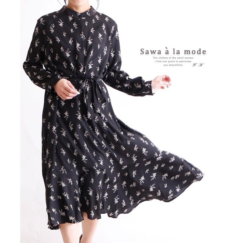 シャツワンピース ワンピース 長袖 膝下丈 ブラック 黒 春 秋 小花柄 オケージョン レディース レディス サワアラモード 大人 可愛い 洋服 30代 40代 50代 60代 Mode 5980 Sawa A La Mode サワアラモード 通販 Yahoo ショッピング