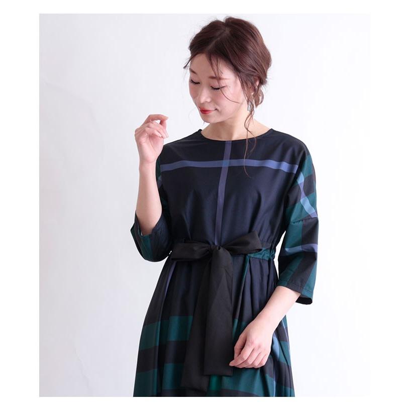 Sawa a la mode ワンピース ネイビー 7分袖 チェック柄 春 秋 Sawa a la mode ワンピース ネイビー 7分袖 チェック柄 春 秋