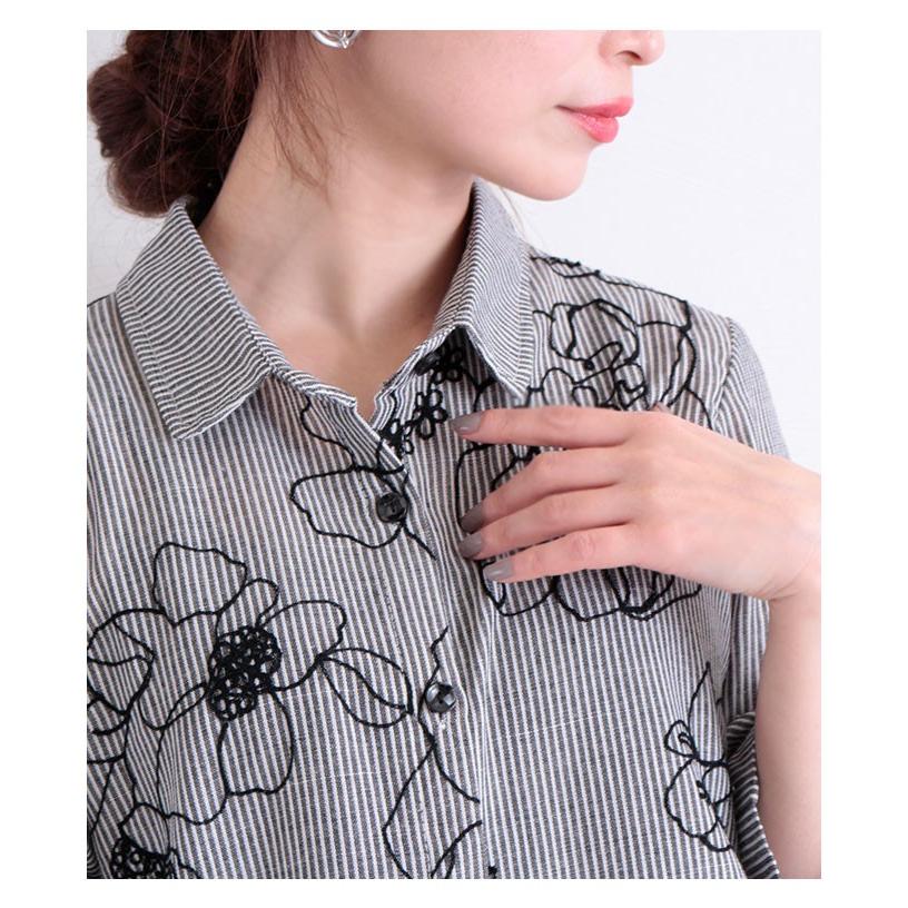 ストライプ柄花刺繍シャツチュニック ブラック リネン コットン トップス ロング丈 レディース レディス サワアラモード 大人 可愛い 洋服 30代 40代 50代 60代の画像