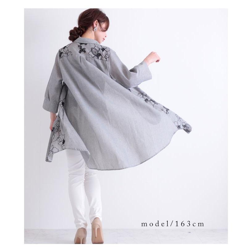 ストライプ柄花刺繍シャツチュニック ブラック リネン コットン トップス ロング丈 レディース レディス サワアラモード 大人 可愛い 洋服 30代 40代 50代 60代の画像
