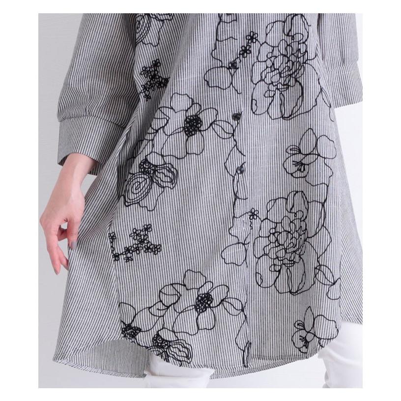 ストライプ柄花刺繍シャツチュニック ブラック リネン コットン トップス ロング丈 レディース レディス サワアラモード 大人 可愛い 洋服 30代 40代 50代 60代の画像