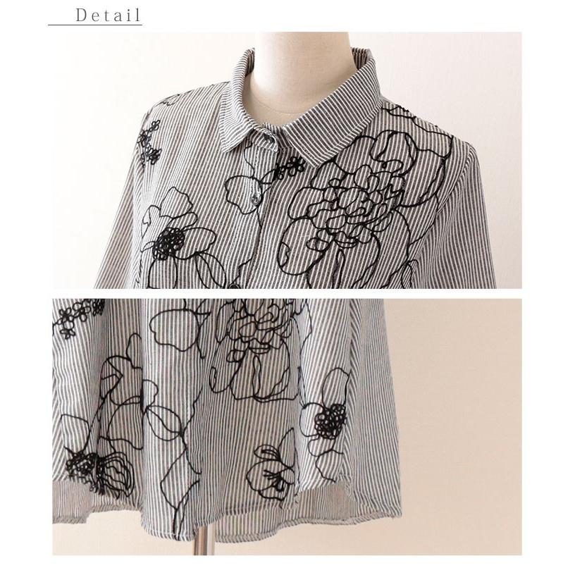 ストライプ柄花刺繍シャツチュニック ブラック リネン コットン トップス ロング丈 レディース レディス サワアラモード 大人 可愛い 洋服 30代 40代 50代 60代の画像