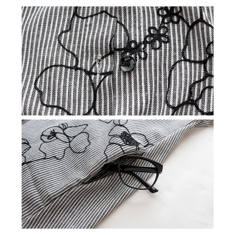 ストライプ柄花刺繍シャツチュニック ブラック リネン コットン トップス ロング丈 レディース レディス サワアラモード 大人 可愛い 洋服 30代 40代 50代 60代の画像
