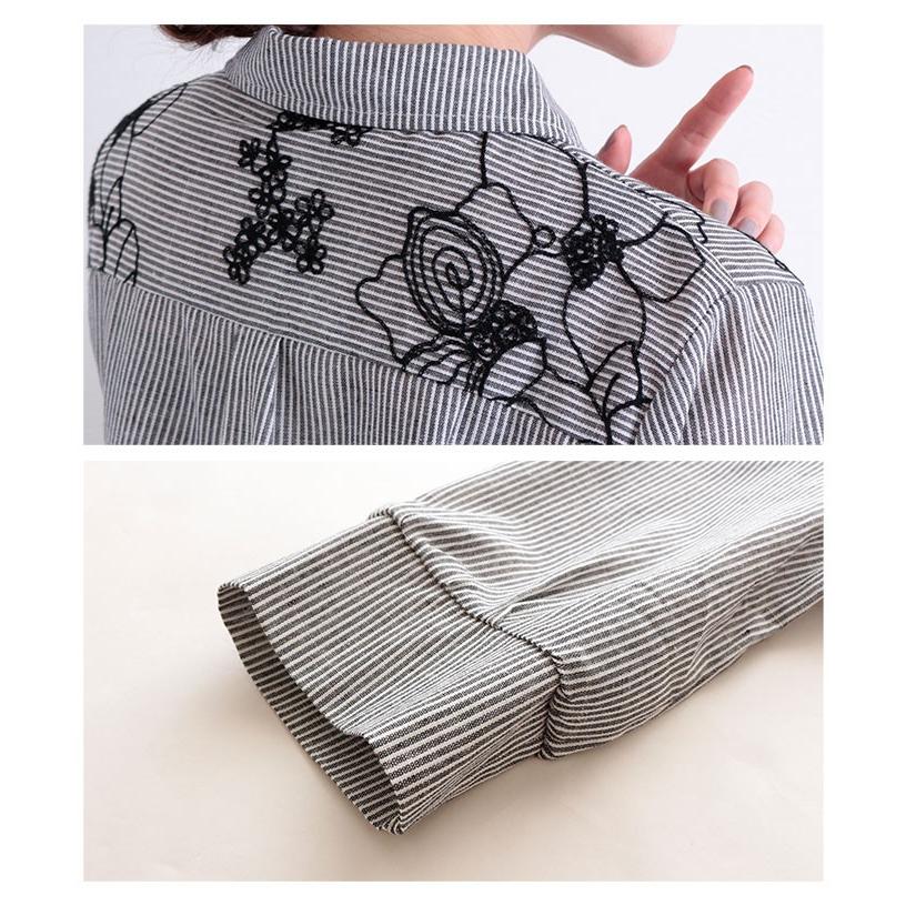 ストライプ柄花刺繍シャツチュニック ブラック リネン コットン トップス ロング丈 レディース レディス サワアラモード 大人 可愛い 洋服 30代 40代 50代 60代の画像