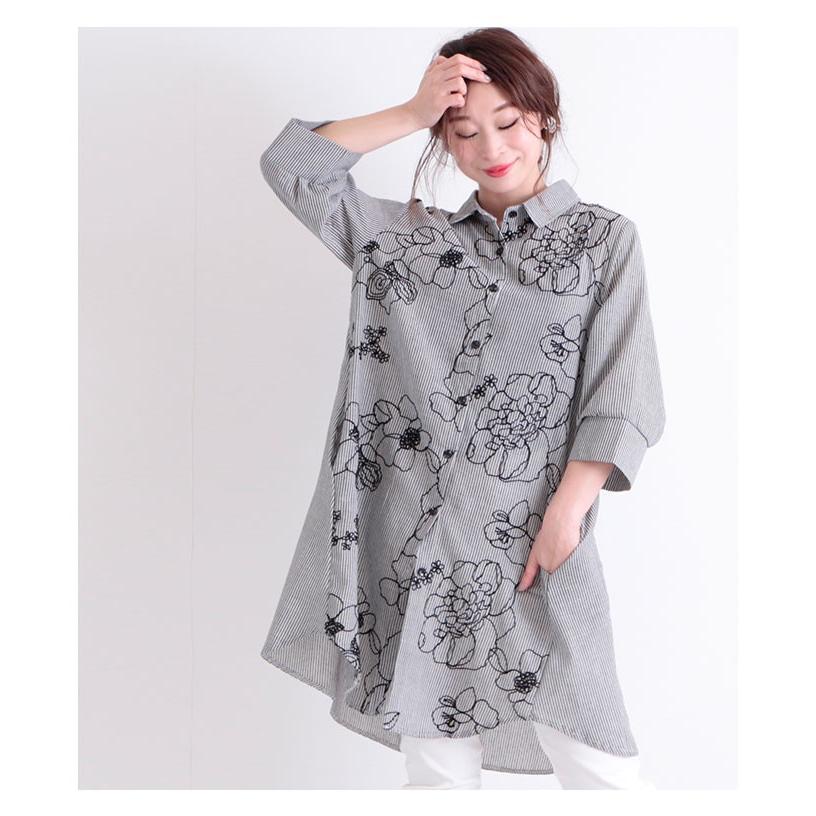 ストライプ柄花刺繍シャツチュニック ブラック リネン コットン トップス ロング丈 レディース レディス サワアラモード 大人 可愛い 洋服 30代 40代 50代 60代の画像