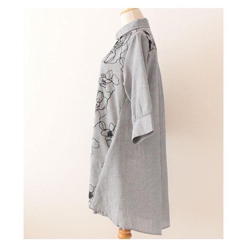 ストライプ柄花刺繍シャツチュニック ブラック リネン コットン トップス ロング丈 レディース レディス サワアラモード 大人 可愛い 洋服 30代 40代 50代 60代の画像