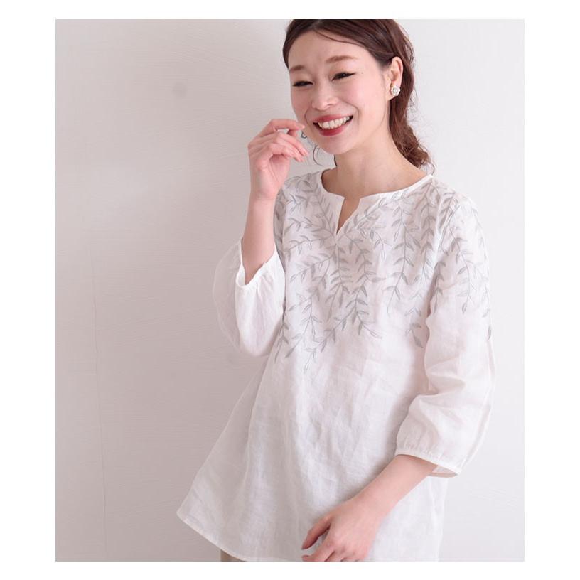 トップス ホワイト 7分袖 リネン 麻 春 夏 秋 お洒落 綺麗め オフィスカジュアル レディース レディス サワアラモード 大人 可愛い 洋服 30代 40代 50代 60代の画像