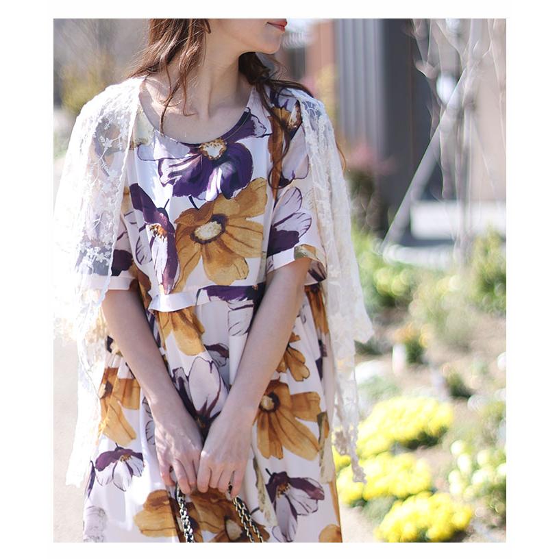 Sawa a la mode ワンピース 花柄 コスモス 半袖 胸下切替 丸首 Sawa a la mode ワンピース 花柄 コスモス 半袖 胸下切替 丸首