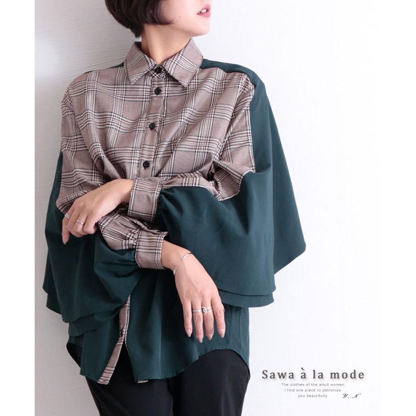 レディース ファッション トップス シャツ ブラウス チェック ぽわん袖 バルーン袖 グリーン チェックシャツ バイカラー チェック柄 緑 長袖シャツ 秋 秋服 冬 Mode 6744 Sawa A La Mode サワアラモード 通販 Yahoo ショッピング