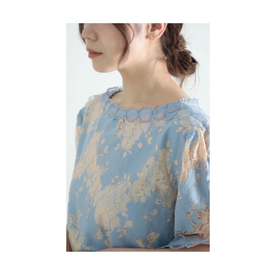 レディース トップス カットソー 青 ブルー 白 ホワイト 半袖 花柄 5分袖 半袖 花 レース チュール 大人可愛い 大人 可愛い 30代 40代 50代 60代 サワアラモードの画像