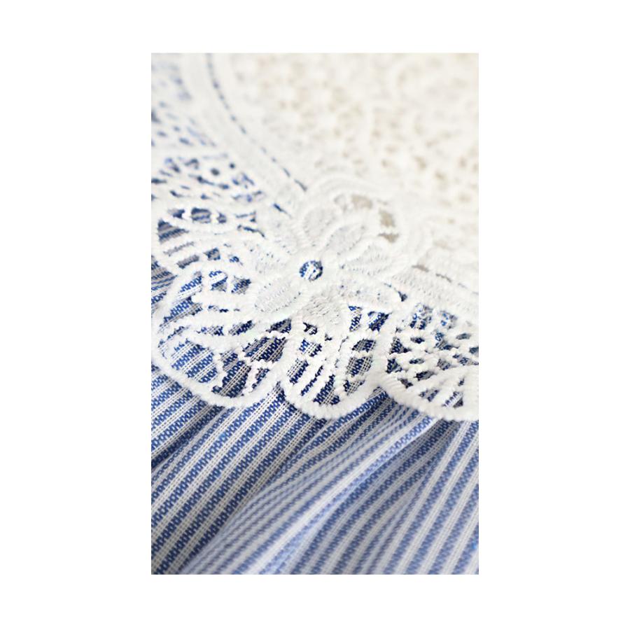 レディース トップス ブラウス シャツ ブルー 5分袖 花 レース 刺繍 ストライプ フレア コットン 大人可愛い 大人 可愛い 30代 40代 50代 60代 サワアラモードの画像