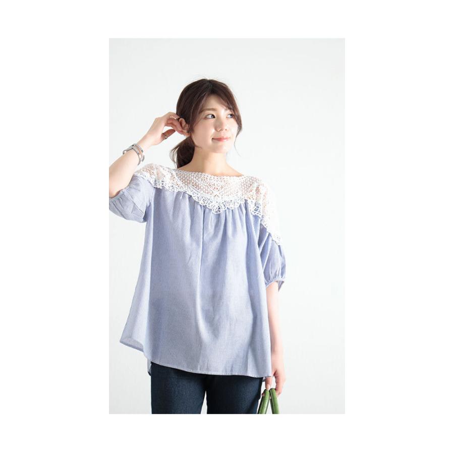 レディース トップス ブラウス シャツ ブルー 5分袖 花 レース 刺繍 ストライプ フレア コットン 大人可愛い 大人 可愛い 30代 40代 50代 60代 サワアラモードの画像