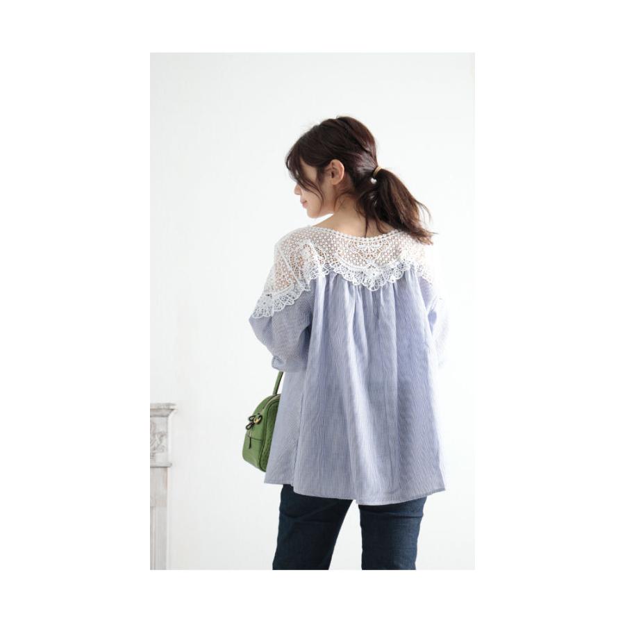 レディース トップス ブラウス シャツ ブルー 5分袖 花 レース 刺繍 ストライプ フレア コットン 大人可愛い 大人 可愛い 30代 40代 50代 60代 サワアラモードの画像