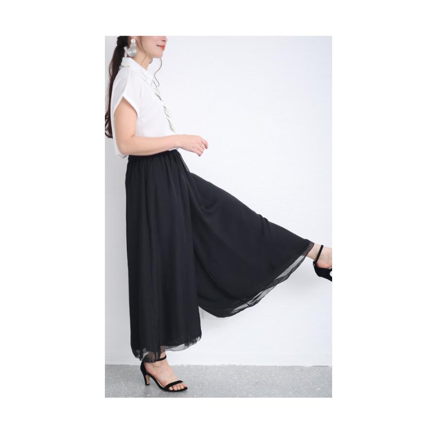 レディース ボトムス パンツ 紺 ネイビー 黒 ブラック ロング丈 シフォン ワイド ウエストゴム 春 大人可愛い 大人 可愛い 30代 40代 50代 60代 サワアラモードの画像