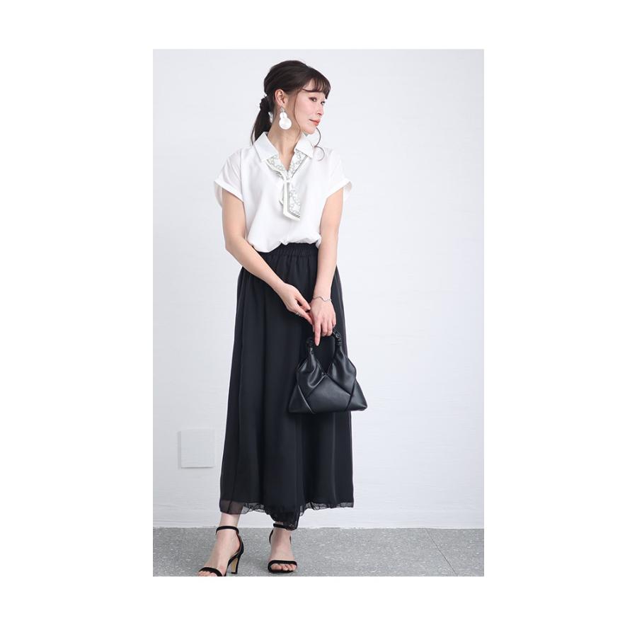 レディース ボトムス パンツ 紺 ネイビー 黒 ブラック ロング丈 シフォン ワイド ウエストゴム 春 大人可愛い 大人 可愛い 30代 40代 50代 60代 サワアラモードの画像