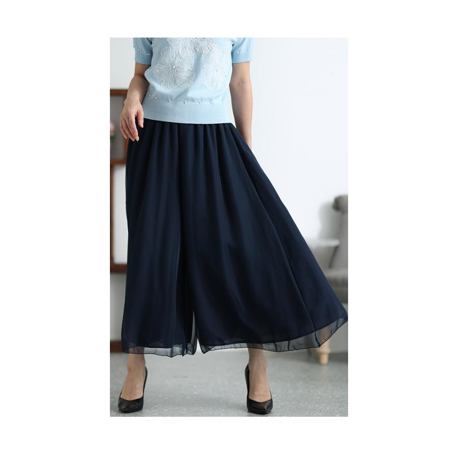 レディース ボトムス パンツ 紺 ネイビー 黒 ブラック ロング丈 シフォン ワイド ウエストゴム 春 大人可愛い 大人 可愛い 30代 40代 50代 60代 サワアラモードの画像