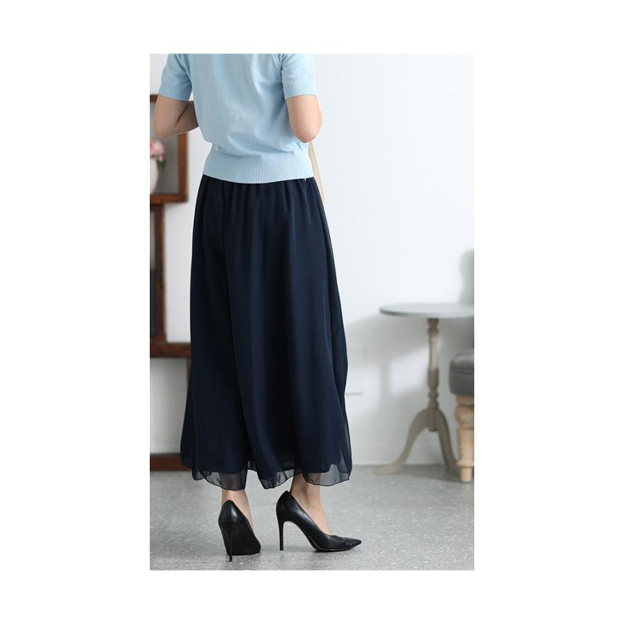レディース ボトムス パンツ 紺 ネイビー 黒 ブラック ロング丈 シフォン ワイド ウエストゴム 春 大人可愛い 大人 可愛い 30代 40代 50代 60代 サワアラモードの画像