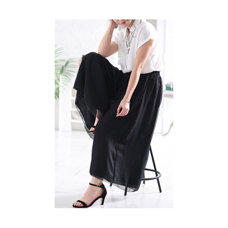 レディース ボトムス パンツ 紺 ネイビー 黒 ブラック ロング丈 シフォン ワイド ウエストゴム 春 大人可愛い 大人 可愛い 30代 40代 50代 60代 サワアラモードの画像