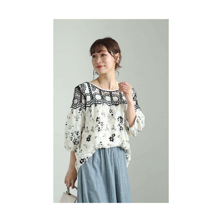 レディース トップス ブラウス シャツ 白 ホワイト 7分袖 花柄 刺繍 レース コットン パフスリーブ 大人可愛い 大人 可愛い 30代 40代 50代 60代 サワアラモードの画像