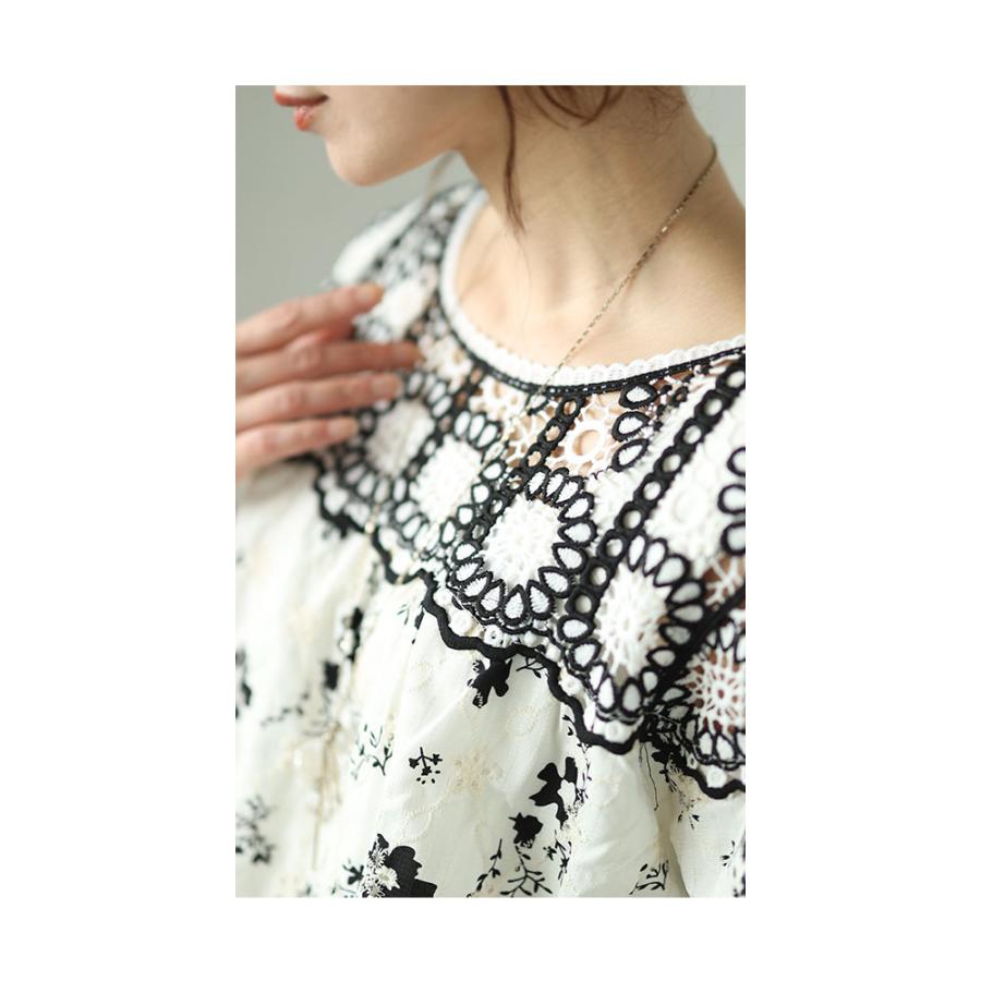 レディース トップス ブラウス シャツ 白 ホワイト 7分袖 花柄 刺繍 レース コットン パフスリーブ 大人可愛い 大人 可愛い 30代 40代 50代 60代 サワアラモードの画像