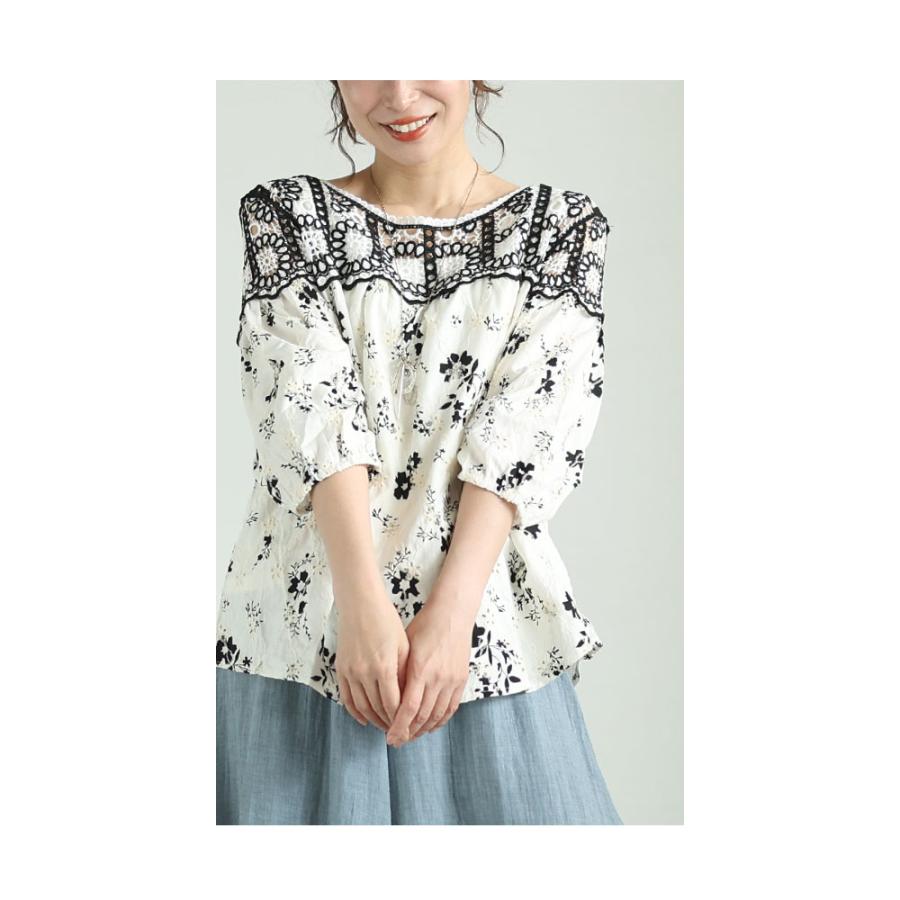 レディース トップス ブラウス シャツ 白 ホワイト 7分袖 花柄 刺繍 レース コットン パフスリーブ 大人可愛い 大人 可愛い 30代 40代 50代 60代 サワアラモードの画像