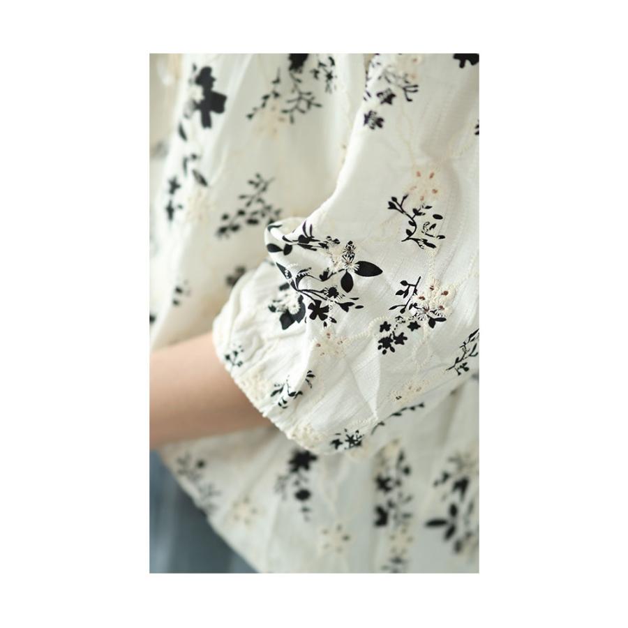 レディース トップス ブラウス シャツ 白 ホワイト 7分袖 花柄 刺繍 レース コットン パフスリーブ 大人可愛い 大人 可愛い 30代 40代 50代 60代 サワアラモードの画像