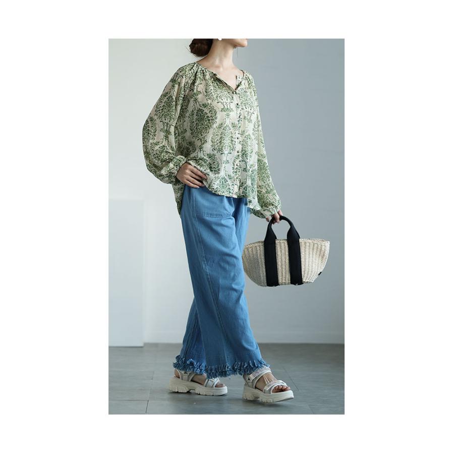 レディース トップス ブラウス シャツ 緑 グリーン 7分袖 ダマスク柄 パフスリーブ キーネック 夏 大人可愛い 大人 可愛い 30代 40代 50代 60代 サワアラモードの画像