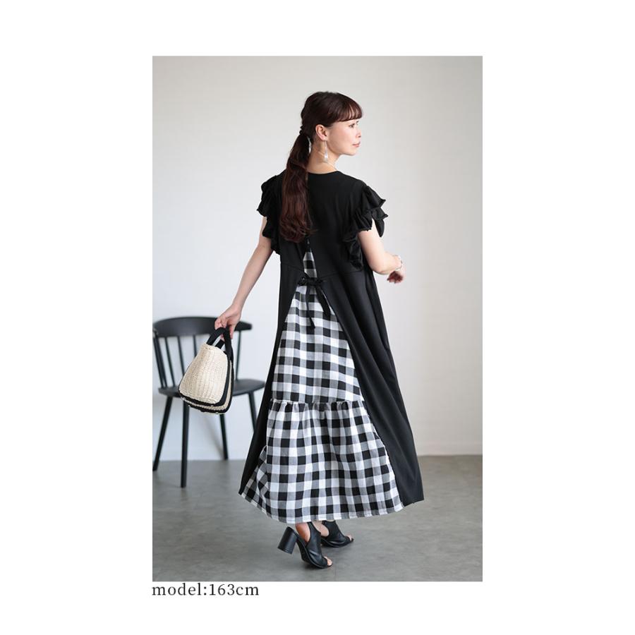 レディース ワンピース ワンピ 黒 ブラック ロング 半袖 足首丈 無地 ギンガムチェック 切替 夏服 大人可愛い 大人 可愛い 30代 40代 50代 60代 サワアラモードの画像