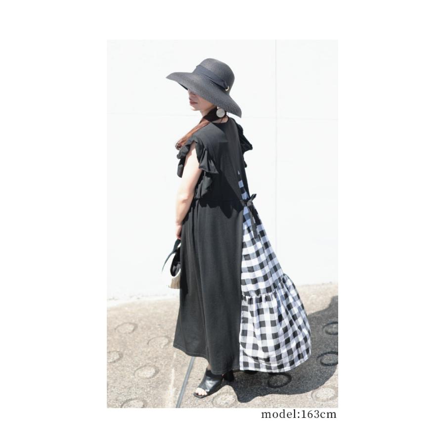 レディース ワンピース ワンピ 黒 ブラック ロング 半袖 足首丈 無地 ギンガムチェック 切替 夏服 大人可愛い 大人 可愛い 30代 40代 50代 60代 サワアラモードの画像