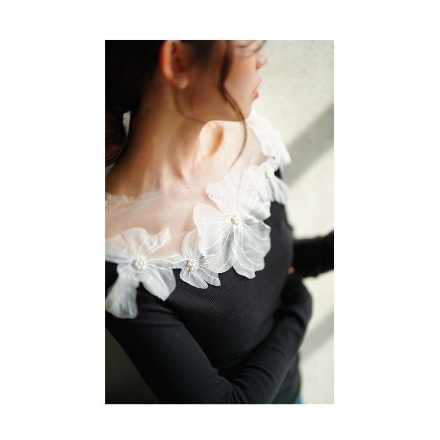【AKIAKANE】ドット柄 カットソー フラワーモチーフ （L） 送料無料/再入荷】 花柄レース刺繍カットソー 5色 M-LL 洗える 半袖