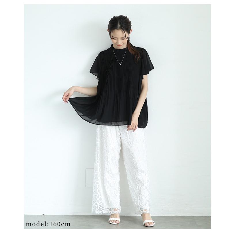 レディース トップス 夏 夏服 ブラウス シャツ 黒 ブラック ホワイト 半袖 フレアスリーブ プリーツ 大人可愛い きれいめ 30代 40代 50代 女性 サワアラモードの画像
