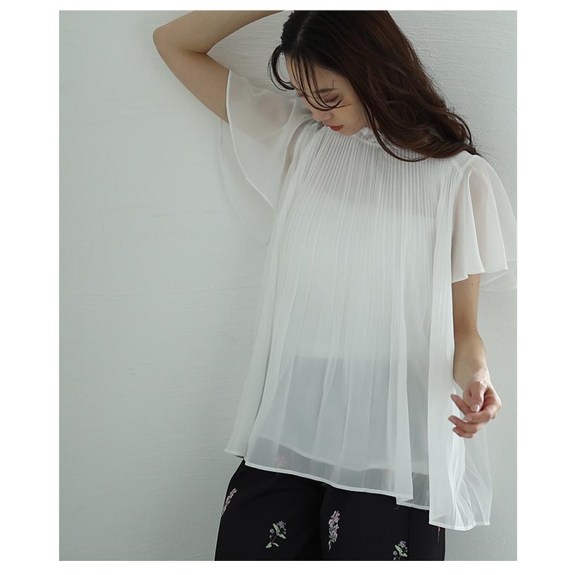 レディース トップス 夏 夏服 ブラウス シャツ 黒 ブラック ホワイト 半袖 フレアスリーブ プリーツ 大人可愛い きれいめ 30代 40代 50代 女性 サワアラモードの画像