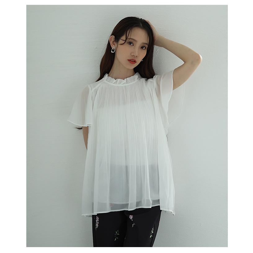 レディース トップス 夏 夏服 ブラウス シャツ 黒 ブラック ホワイト 半袖 フレアスリーブ プリーツ 大人可愛い きれいめ 30代 40代 50代 女性 サワアラモードの画像