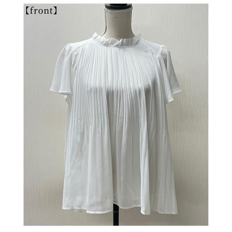 レディース トップス 夏 夏服 ブラウス シャツ 黒 ブラック ホワイト 半袖 フレアスリーブ プリーツ 大人可愛い きれいめ 30代 40代 50代 女性 サワアラモードの画像