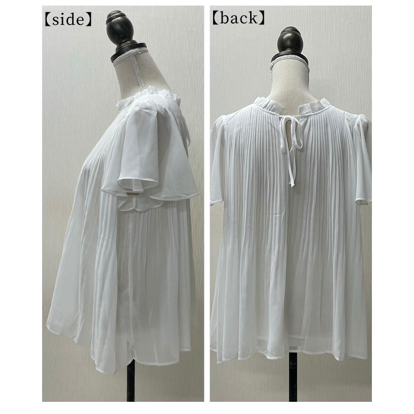 レディース トップス 夏 夏服 ブラウス シャツ 黒 ブラック ホワイト 半袖 フレアスリーブ プリーツ 大人可愛い きれいめ 30代 40代 50代 女性 サワアラモードの画像