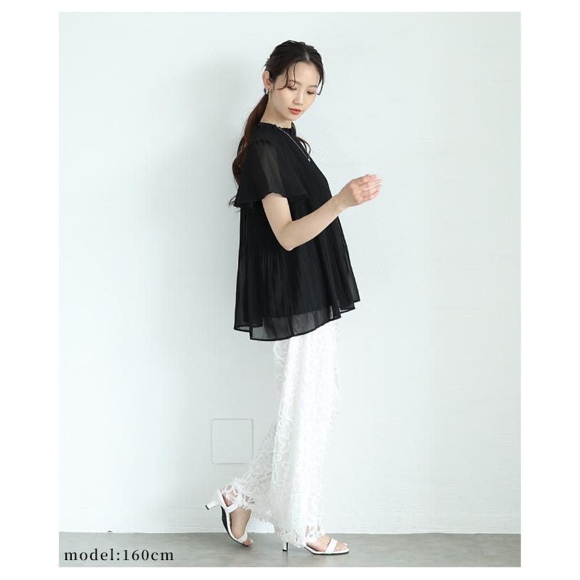 レディース トップス 夏 夏服 ブラウス シャツ 黒 ブラック ホワイト 半袖 フレアスリーブ プリーツ 大人可愛い きれいめ 30代 40代 50代 女性 サワアラモードの画像