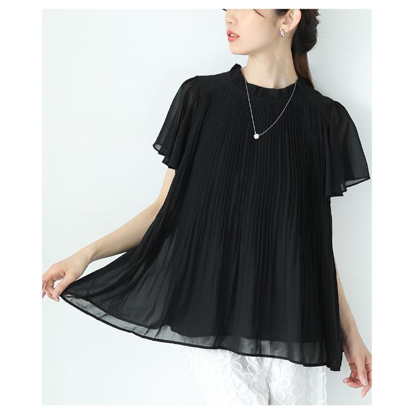 レディース トップス 夏 夏服 ブラウス シャツ 黒 ブラック ホワイト 半袖 フレアスリーブ プリーツ 大人可愛い きれいめ 30代 40代 50代 女性 サワアラモードの画像