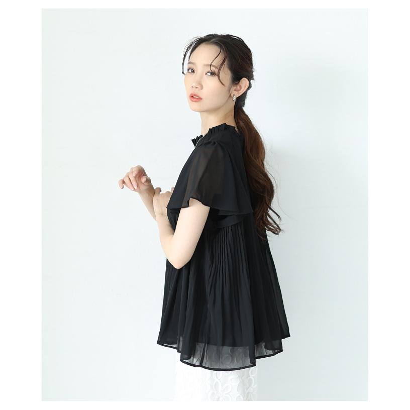 レディース トップス 夏 夏服 ブラウス シャツ 黒 ブラック ホワイト 半袖 フレアスリーブ プリーツ 大人可愛い きれいめ 30代 40代 50代 女性 サワアラモードの画像