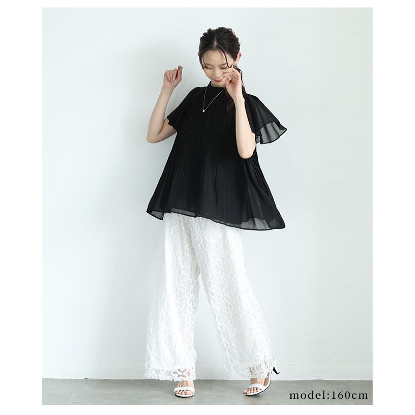 レディース トップス 夏 夏服 ブラウス シャツ 黒 ブラック ホワイト 半袖 フレアスリーブ プリーツ 大人可愛い きれいめ 30代 40代 50代 女性 サワアラモードの画像