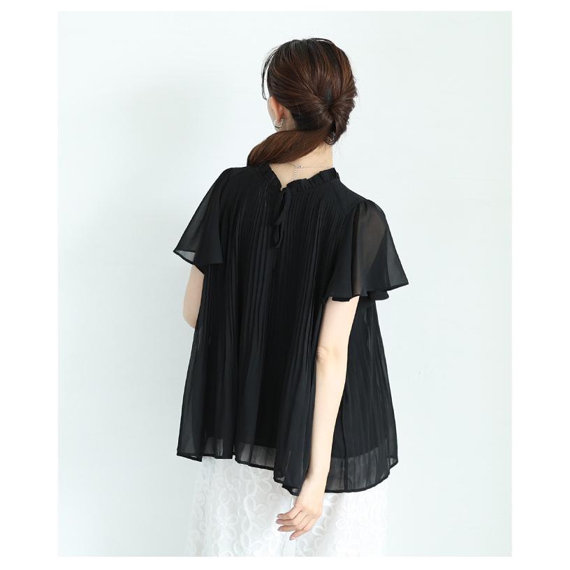 レディース トップス 夏 夏服 ブラウス シャツ 黒 ブラック ホワイト 半袖 フレアスリーブ プリーツ 大人可愛い きれいめ 30代 40代 50代 女性 サワアラモードの画像