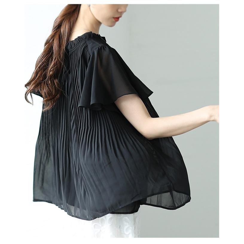 レディース トップス 夏 夏服 ブラウス シャツ 黒 ブラック ホワイト 半袖 フレアスリーブ プリーツ 大人可愛い きれいめ 30代 40代 50代 女性 サワアラモードの画像
