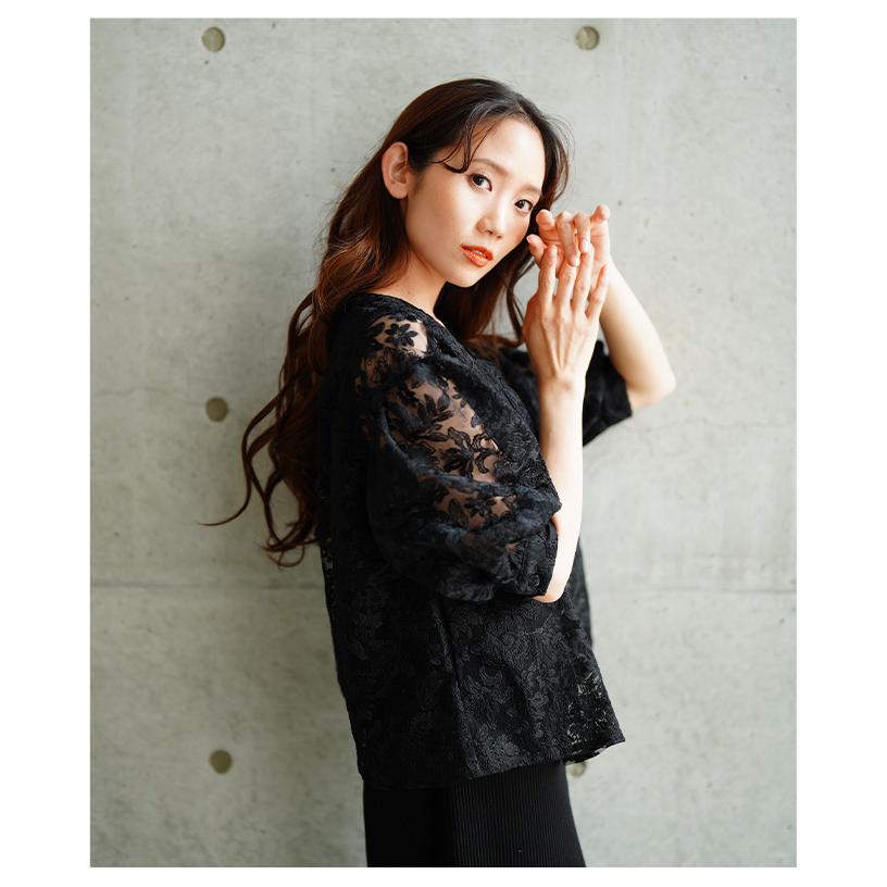 ブラック 花柄 レース 半袖トップス Sawa a la mode（サワアラモード） レディース トップス ブラウス