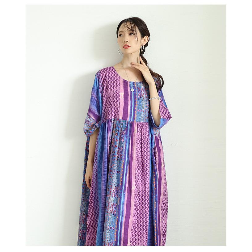 レディース ワンピース パープル 紫 5分袖 ドルマンスリーブ ロング丈 マキシ 花柄 綿 コットン 夏服 大人可愛い きれいめ 30代 40代 50代 女性 サワアラモードの画像
