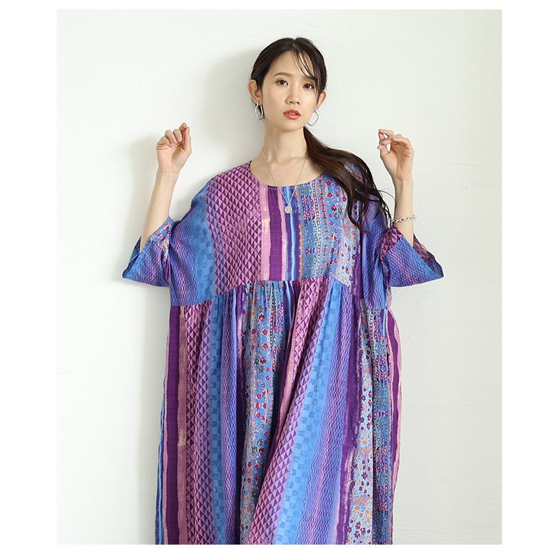 レディース ワンピース パープル 紫 5分袖 ドルマンスリーブ ロング丈 マキシ 花柄 綿 コットン 夏服 大人可愛い きれいめ 30代 40代 50代 女性 サワアラモードの画像