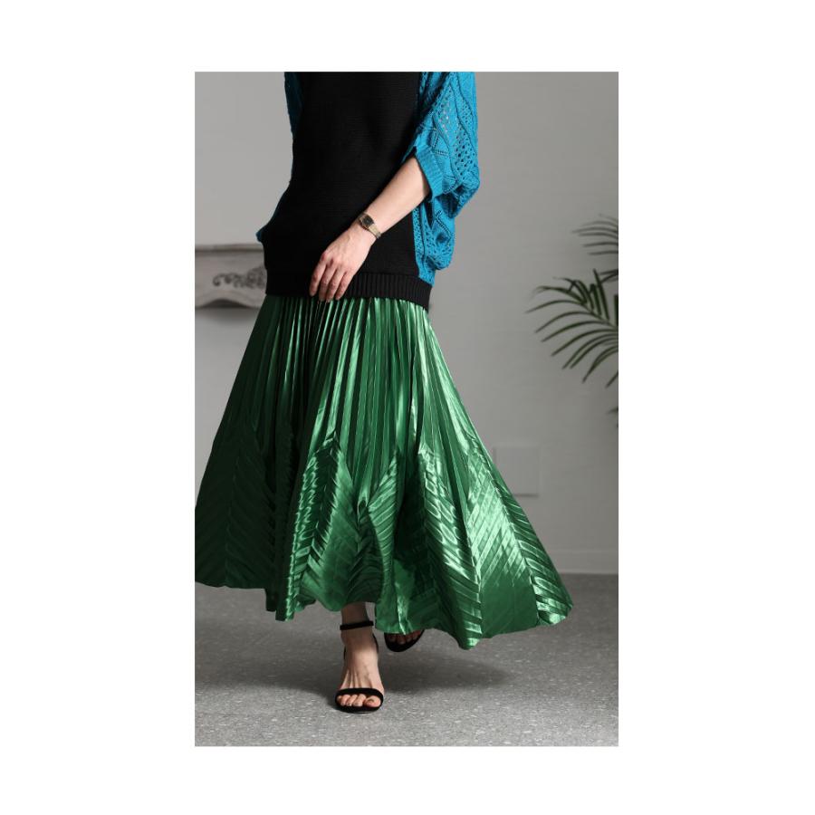 レディース スカート フレア ロング ミモレ ツヤ プリーツスカート  